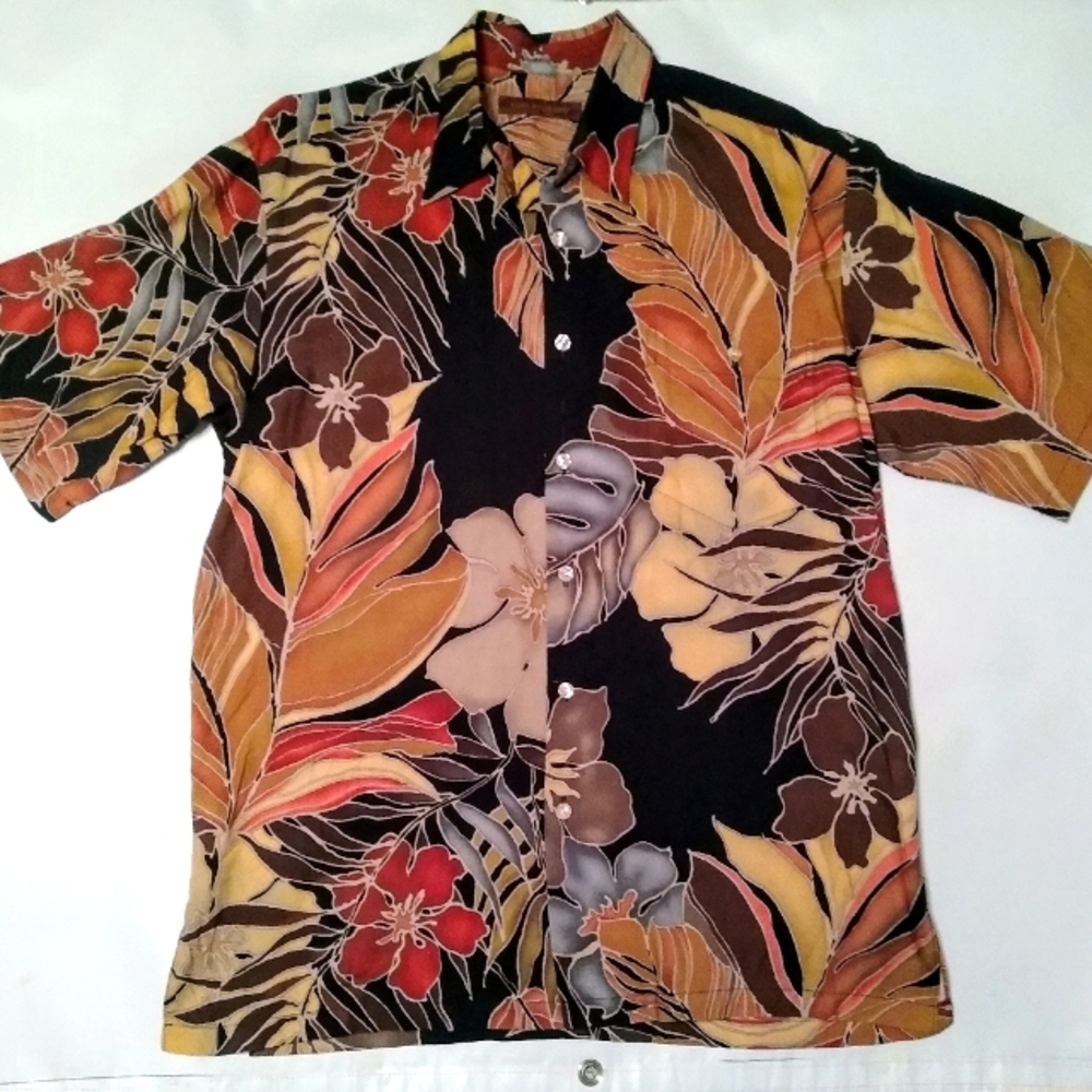 Tori Richard Hawaiian Shirt Floral Black Orange Brown Men's Medium Short Sleeve